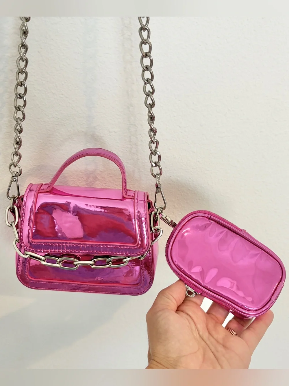 Madden Girl Metallic Pink Mini Crossbody Bag Set W/ Chain Accent and Coin Pouch